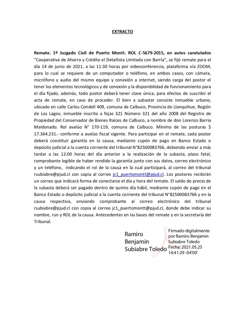 Extracto Remate 1 Juzgado Civil De Puerto Montt Diario Digital El